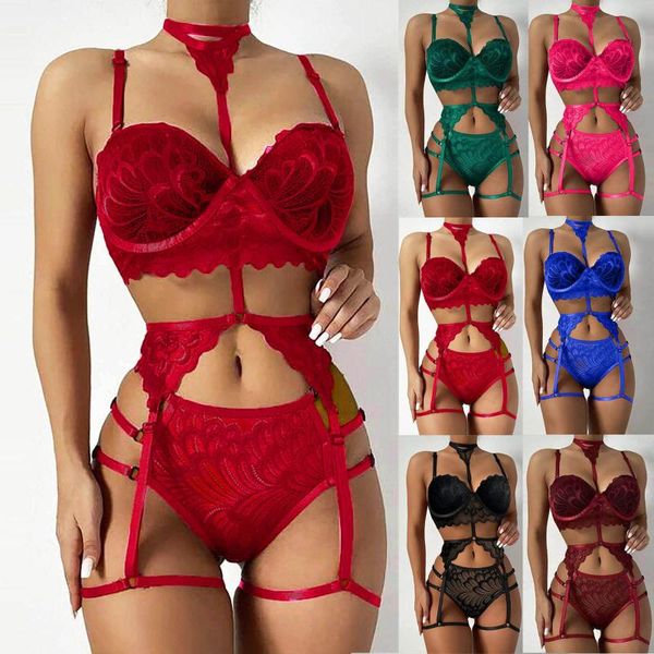 

bras sets women solid color bralette panty strappy lace embroidery lingerie set, Red;black
