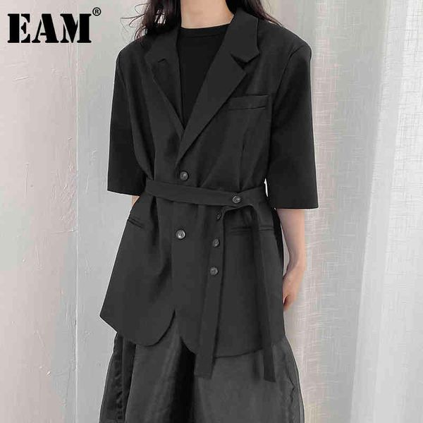 

[eam] women black bandage big size blazer lapel three-quarter sleeve loose fit jacket fashion spring summer 1dd8629 21512, White;black
