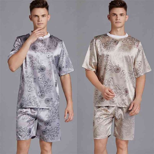 

2pcs men pajama set print satin men pajamas suit short sleeve shorts silk pyjama man sleepwear spring pajama male nightgown 210812, Black;brown