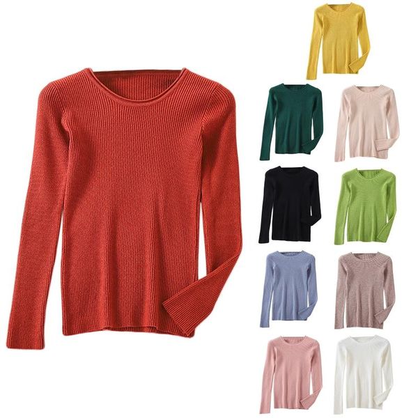 

korean style women long sleeve sweater round neck simple solid color pullover ribbed knitted slim fit autumn jumper women's sweaters, White;black