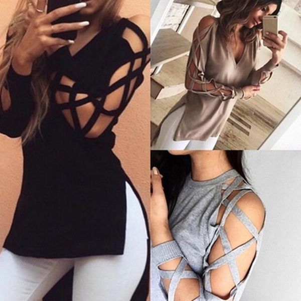 

women's t-shirt 2021 fashion black criss cross long sleeve tshirt women v-neck club t-shirts for ladies solid off shoulder tee s-4xl, White