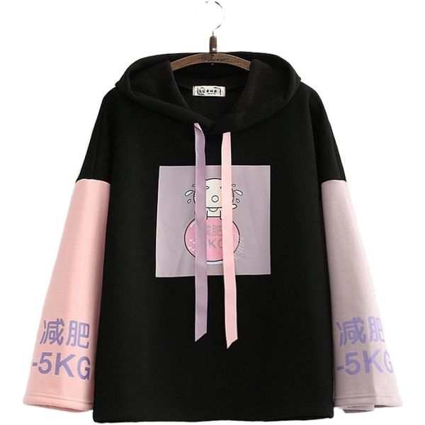 

women cartoon print harajuku hoodies sweatshirts 2021 autumn winter student patchwork hooded plus velvet warm thick pullovers women's &, Black