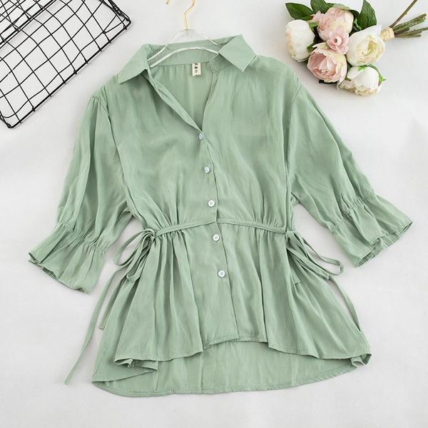 

women's blouses & shirts 2021 summer women drawstring blouse sweet ruffles female half sleeve v-neck tie bow shirt short ab1425, White