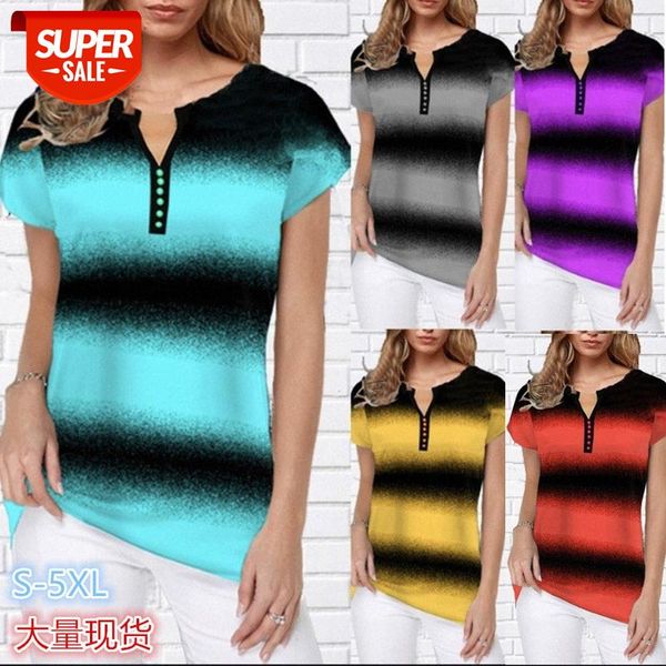 

[in stock]spring and summer european american plus size women's fashion v-neck stripe printed short-sleeved t-shirt #2g2m, White