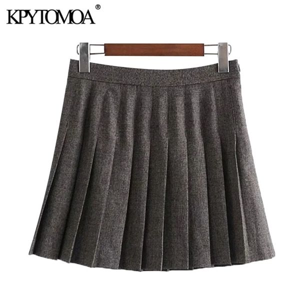 

kpytomoa women chic fashion with lining pleated check mini skirt vintage high waist side zipper female skirts mujer 210702, Black