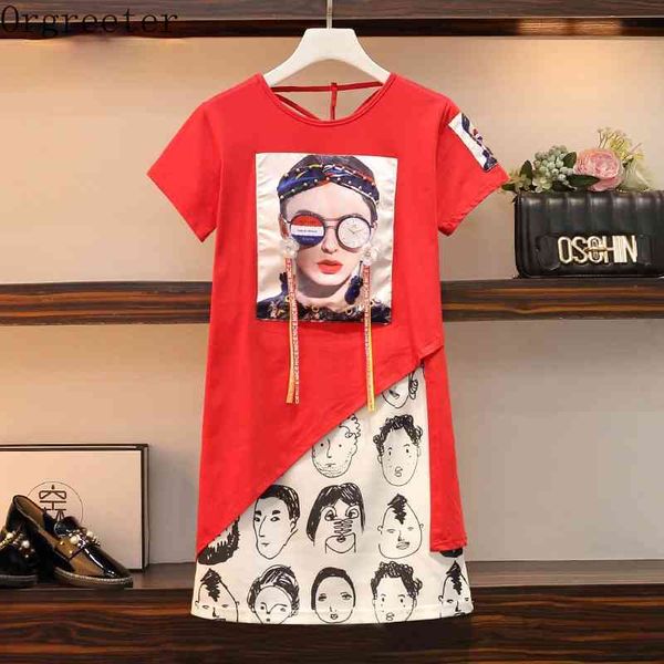 

plus size two piece tshirt dress sets women summer short sleeve 3d character appliques beaded tassel irregular skirt suit 210525, White