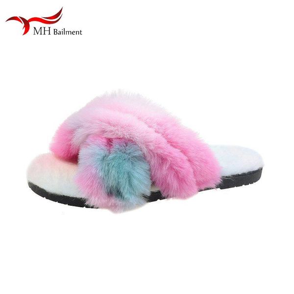 

autumn winter cross hairy slippers female slides indoor outdoor non-slip wear-resistant fashion color shoes, Black