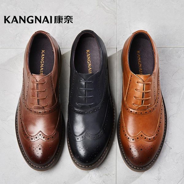 

dress shoes kangnai men's derby business office vintage lacing round toe genuine leather formal male, Black