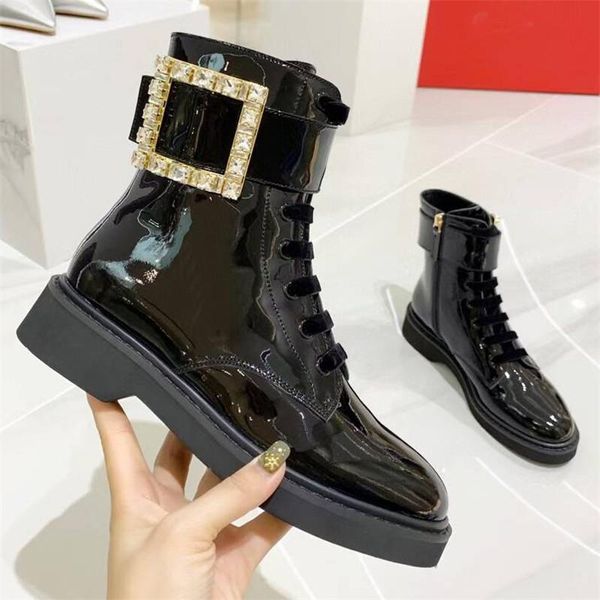 

boots rhinestones women ankle chunky low heel platform boot lace up zipper punk rock motorcycle female short botas, Black