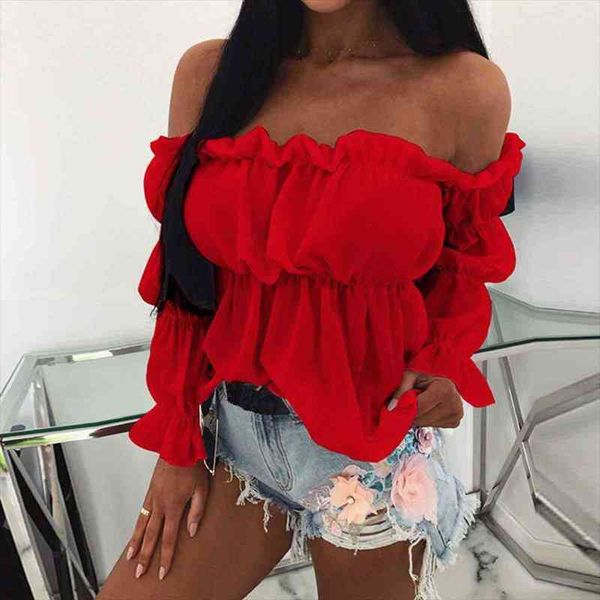 

and solid women blouses color off shoulder ruff sleeve long ruffled blouse, White