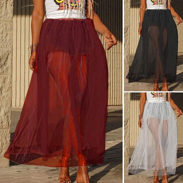 

skirts beach maxi skirt women high waist summer mesh sheer bohemian jupe solid netting faldas saia s-5xl plus size 01c5, Black