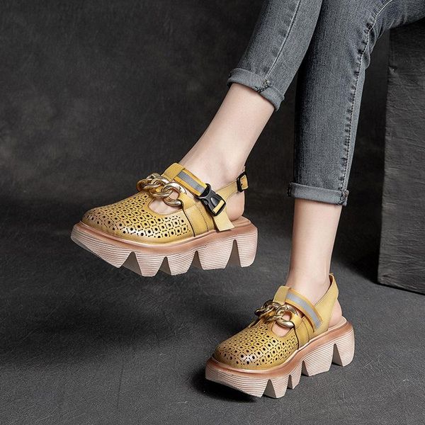 

women sandals leather embroidery high heels wedge summer shoes for yellow genuine handmade 2021 brand dress, Black