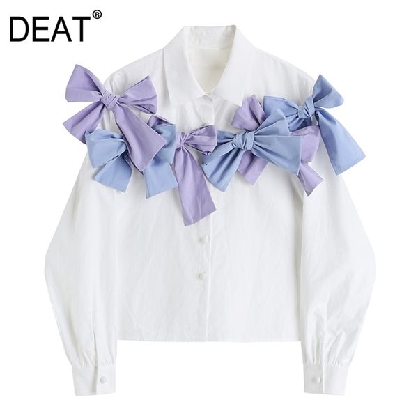 

[deat] white elegant women turn-down collar long sleeve bow splicing single-breasted shirt spring fashion 13c262 210527