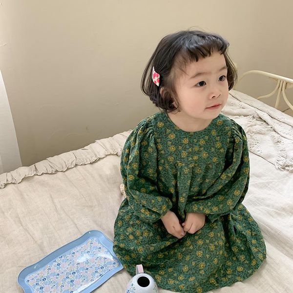 

girl's dresses 2021 spring korean style toddlers girls retro lantern sleeve loose baby kids printed dress, Red;yellow