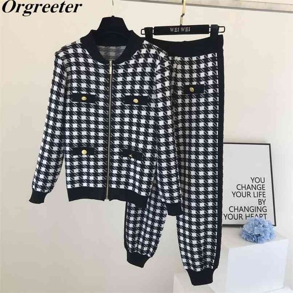 

plus size s-4xl women vintage gold button plover plaid zipper knitted cardigans+lante pants 2 piece set tracksuits 210602, White