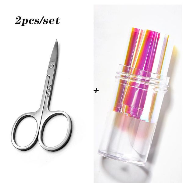

nail art kits 2pcs rainbow glass sticker scissors set glitter candy transfer cellophane holographic aurora mirror