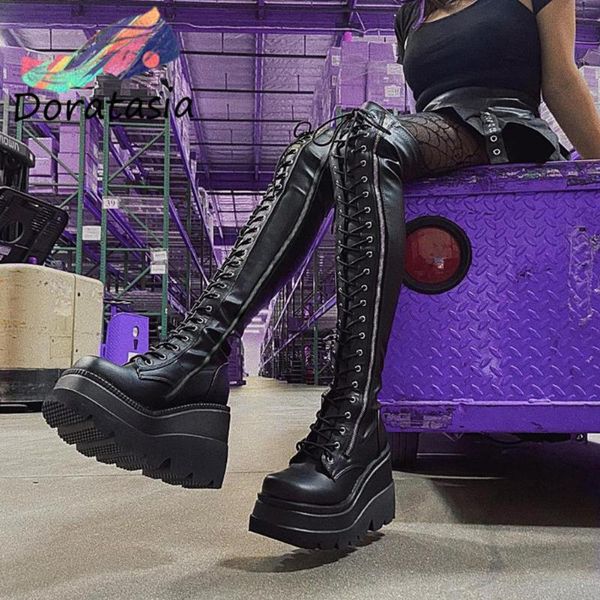 

boots doratasia ins brand women knee high casual platform wedges thick bottom women's cool street goth woman shoes, Black