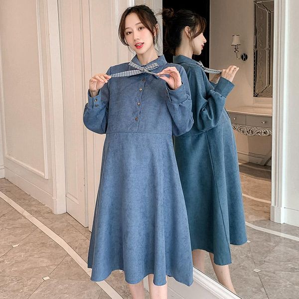 

maternity dresses 2021 autumn winter corduroy dress ba turn-down collar long sleeve pregnancy vestido pregnant red blue bow women robe, White