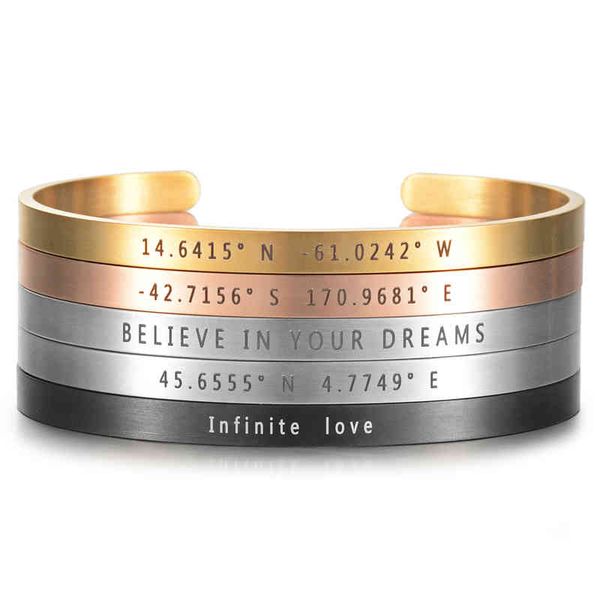 

bracelet 5mm customized personalized brushed matte stainless steel laser engrave coordinates bracelets for women adjustable cuff bangles, Golden;silver