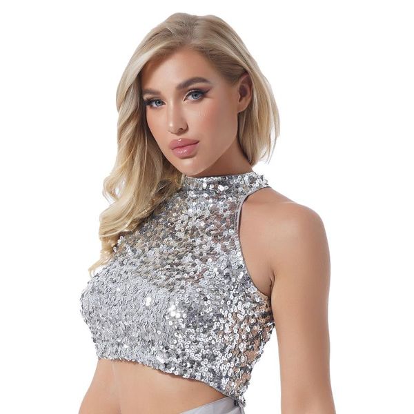 

bras sets women exotic tanks sparkling sequin mock neck crop ladies fashion glitter sleeveless t-shirt clubwear dance costumes, Red;black