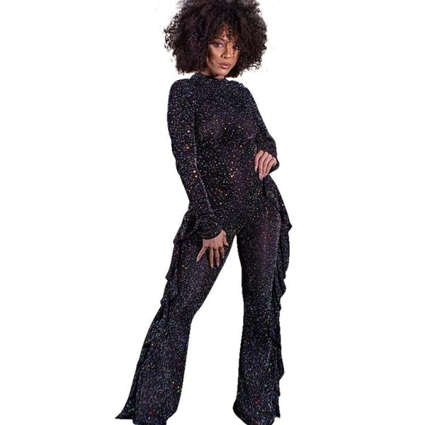 

autumn and winter open back jumpsuit women's long-sleeved fashion sprinkle gold dots ruffled high temperament jumpsuits & rompers, Black;white