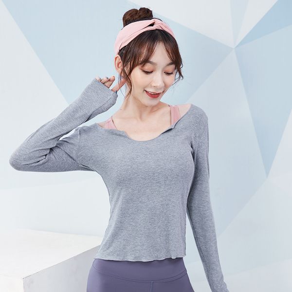 

women's t-shirt yoga suit long sleeve feminine melon seed collar ins net red t-shirt running fitns breathable sports top, White
