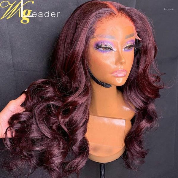 

wigleader preplucked remy human hair lace front wigs 99j wave 180% frontal ombre burgudy frontal1, Black;brown