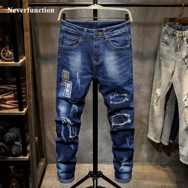 

jeans men hip hop ripped patch stretch slim fit trousers streetwear man cotton holes destroyed casual beggar denim, Blue