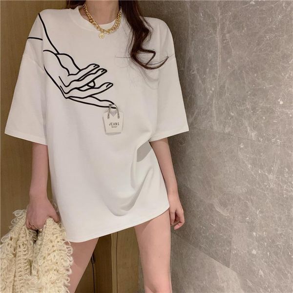 

short-sleeved t-shirt women's spring summer style foreign round neck mid-length loose korean printing bottoming shirt, White