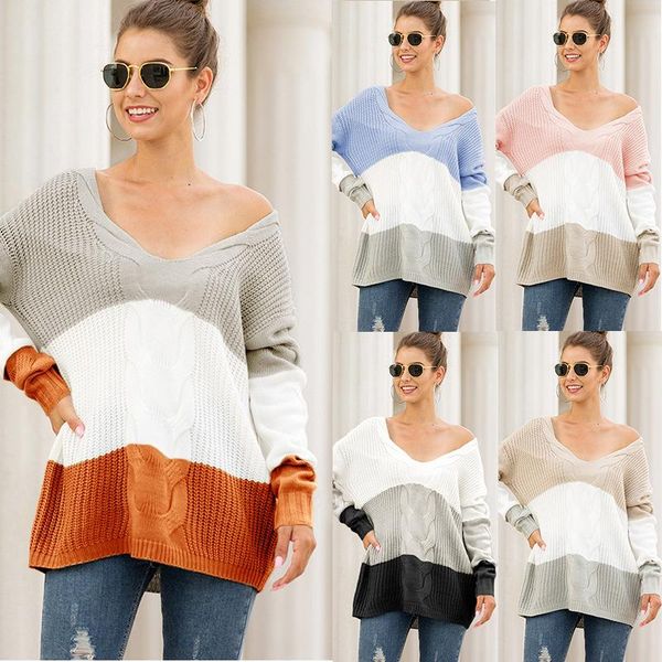 

women's sweaters for women pullover 2021 knit sweater v-neck strapless twist color block winter clothes mmy119217, White;black