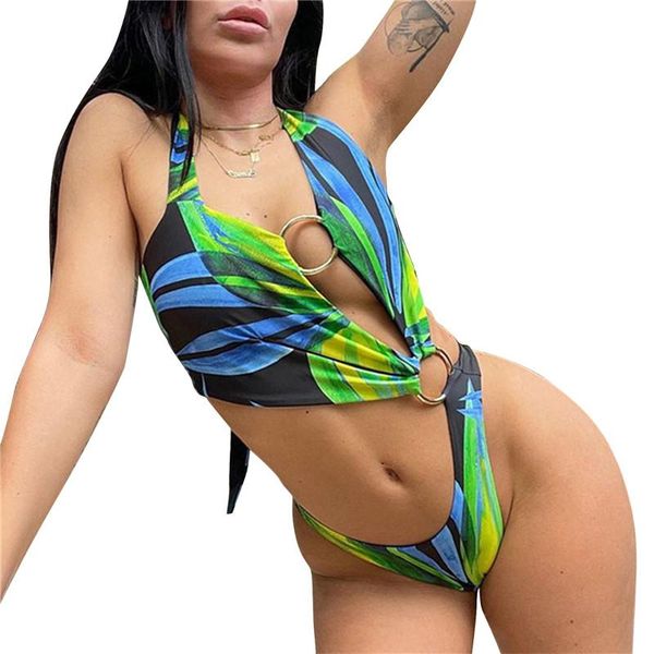 

one-piece suits 2021 summer women backless bodysuit bikini hollow swimsuit mixed color ring decoration sleeveless halter tie up beachwear
