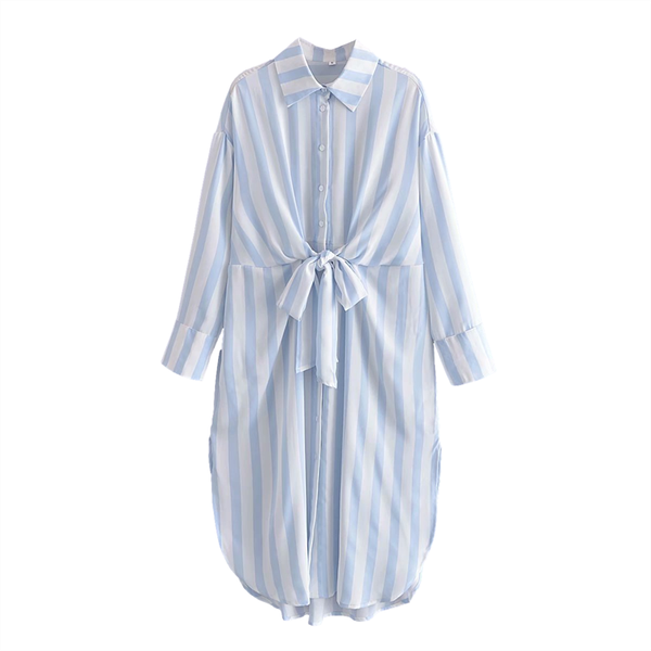 

casual dresses puwd elegant women loose blue striped side slit shirt dress 2021 spring fashion female lacing ladies high waist, Black;gray