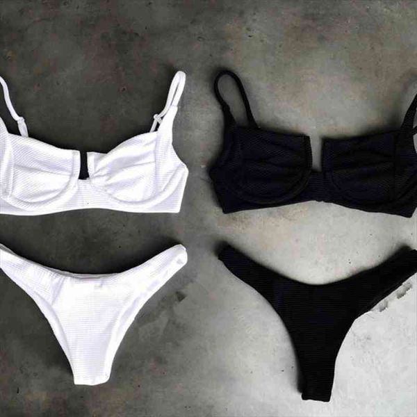 

women bandage push-up padded bikini set stretch bodycon high waist swimwear bathing suit white black
