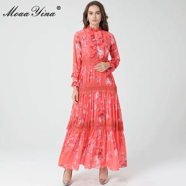 

spring runway elegant party dress women lace patchwork full sleeve vintage floral print long holiday 210524, Black;gray