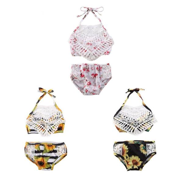 

2-5y toddler baby kid girls bikinis set summer flower lace bandage swimsuit swimwear bathing suit beachwear one-pieces, Black