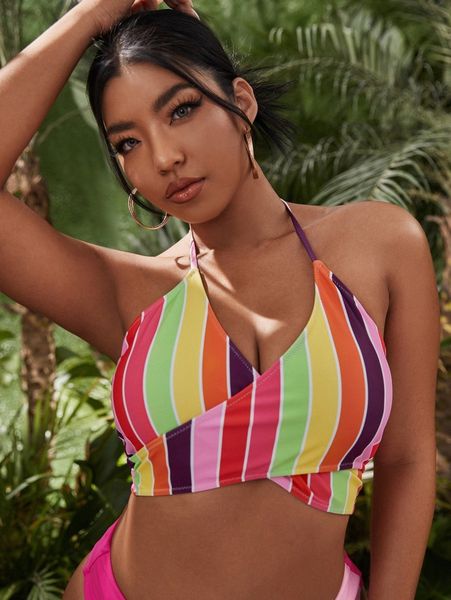 

plus striped wrap halter bikini n2zc#, Black