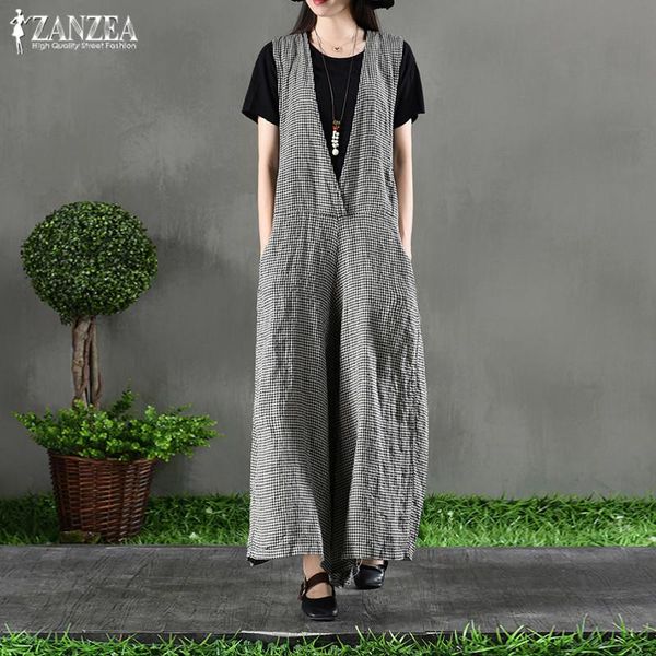 

women's jumpsuits & rompers plus size 5xl linen overalls 2021 zanzea summer v neck playsuits vintage plaid pantalon check wide leg, Black;white