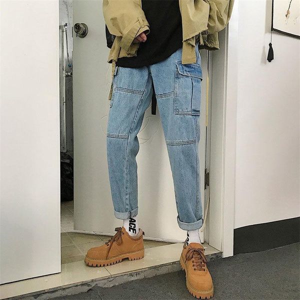 

men's jeans hip-hop mens japan fashoins harem blue pants vintage straight harajuku baggy belt denim