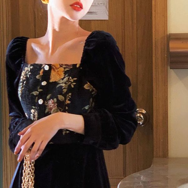 

casual dresses retro black midi for women flower one piece dress korean 2021 autumn slim evening party velvet female cute y2k, Black;gray
