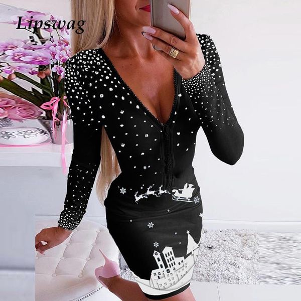 

fashion xmas print woman dress christmas bodycon dresses for women long sleeve hollow 2021 spring autumn clothing female casual, Black;gray
