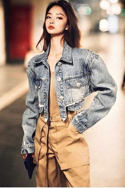 

women's jackets trend lapel pocket decorate glitter pink short fringed edge denim coat student spring autumn loose fashion solid color, Black;brown