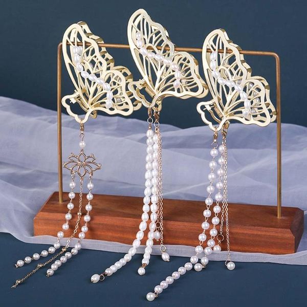 

korea fashion vintage imitation pearl barrettes long tassel pendant butterfly metal hairpin party aesthetic accessories jewelry hair