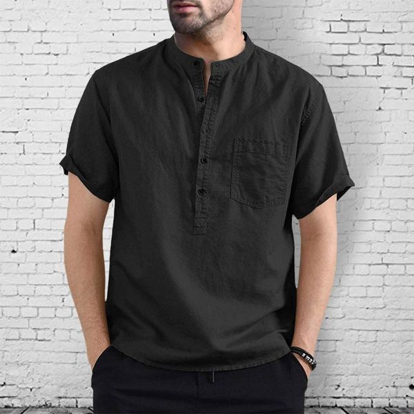 

men's casual shirts shirt plain stand-up collar open button for men dress short sleeve pocket camisa, White;black