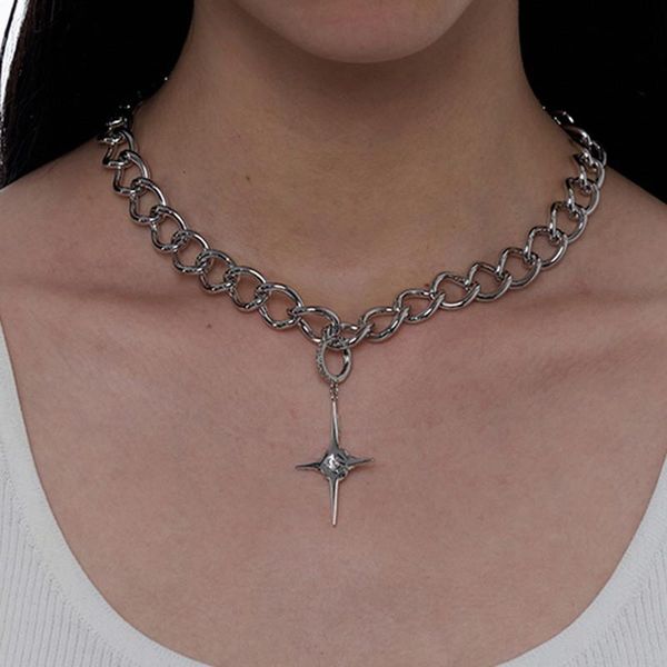 

chains trendy silver color star chunky chain choker necklace for women girl metal geometric pendant necklaces party jewelry collares