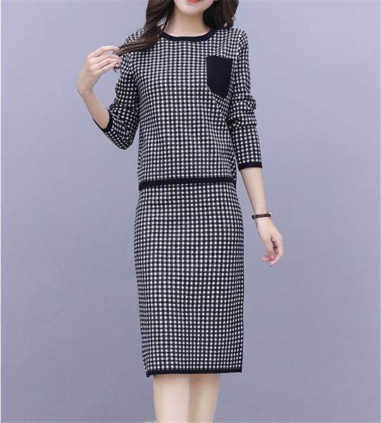 

plaid 2 piece set autumn womens tracksuits knitted suit long sleeve sweater and pullovers elastic waist skirt p511, Gray