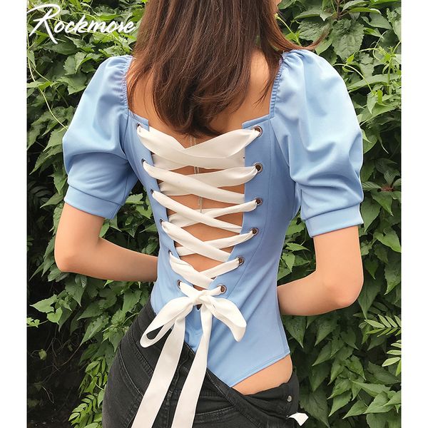 

rockmore criss cross bandage tie up women bodysuits lantern sleeve hollow out streetwear body backless bodies jumpsuits, Black;white