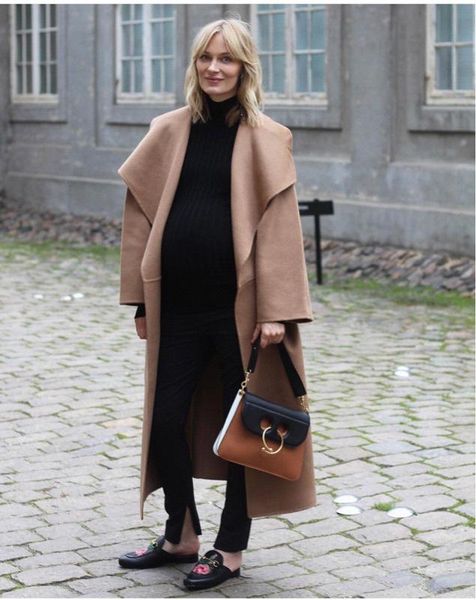 

women's trench coats [elfstyle] - annecy wrap coat camel black cashmere wool oversized long draped collar side slit open front seam poc, Tan;black