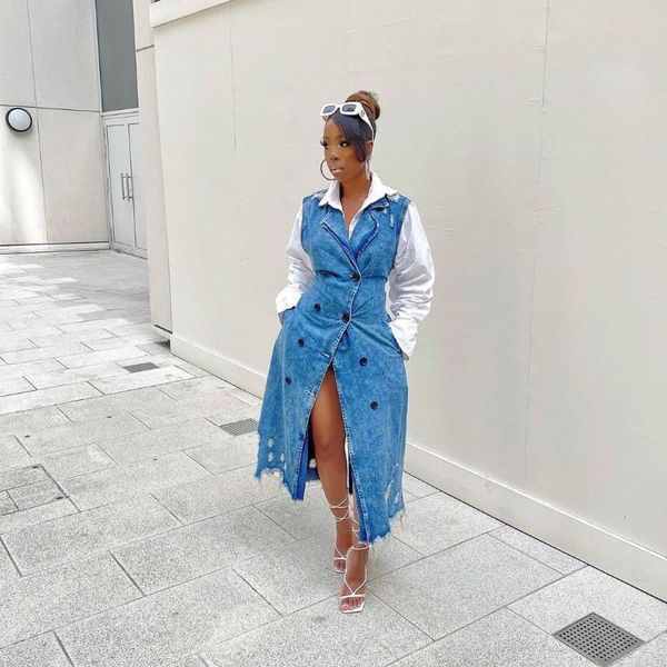 

casual dresses echoine sleeveless denim long dress tuen down collar jeans ripped vintage vestidos autumn outfits women clothing, Black;gray
