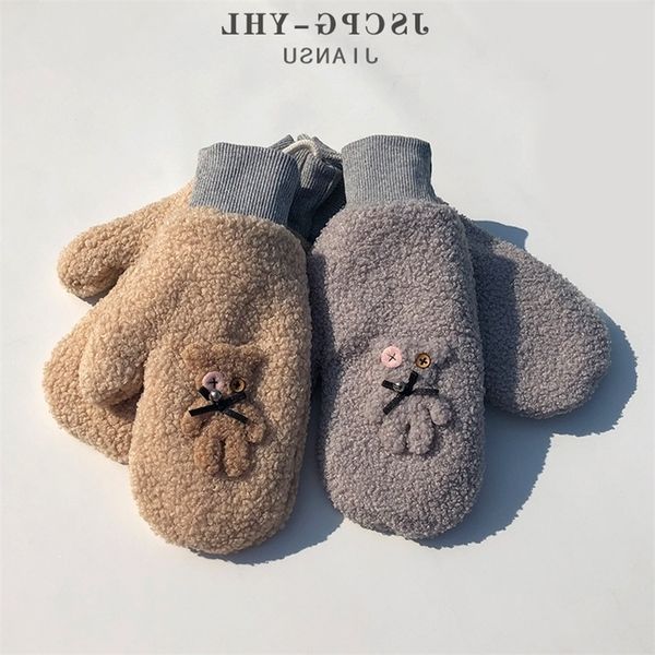 

winter women's warm gloves with cashmere, fingers and neck, outdoor cycling, korean version, simple versatile lamb student, Black