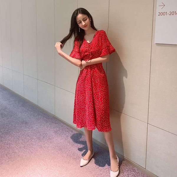 

6710# casual wave dresses point v-neck chiffon dress in summer, Black;gray